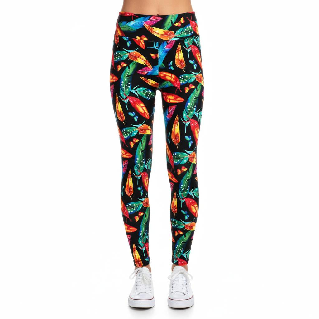 Colorful feather-patterned leggings on a white background