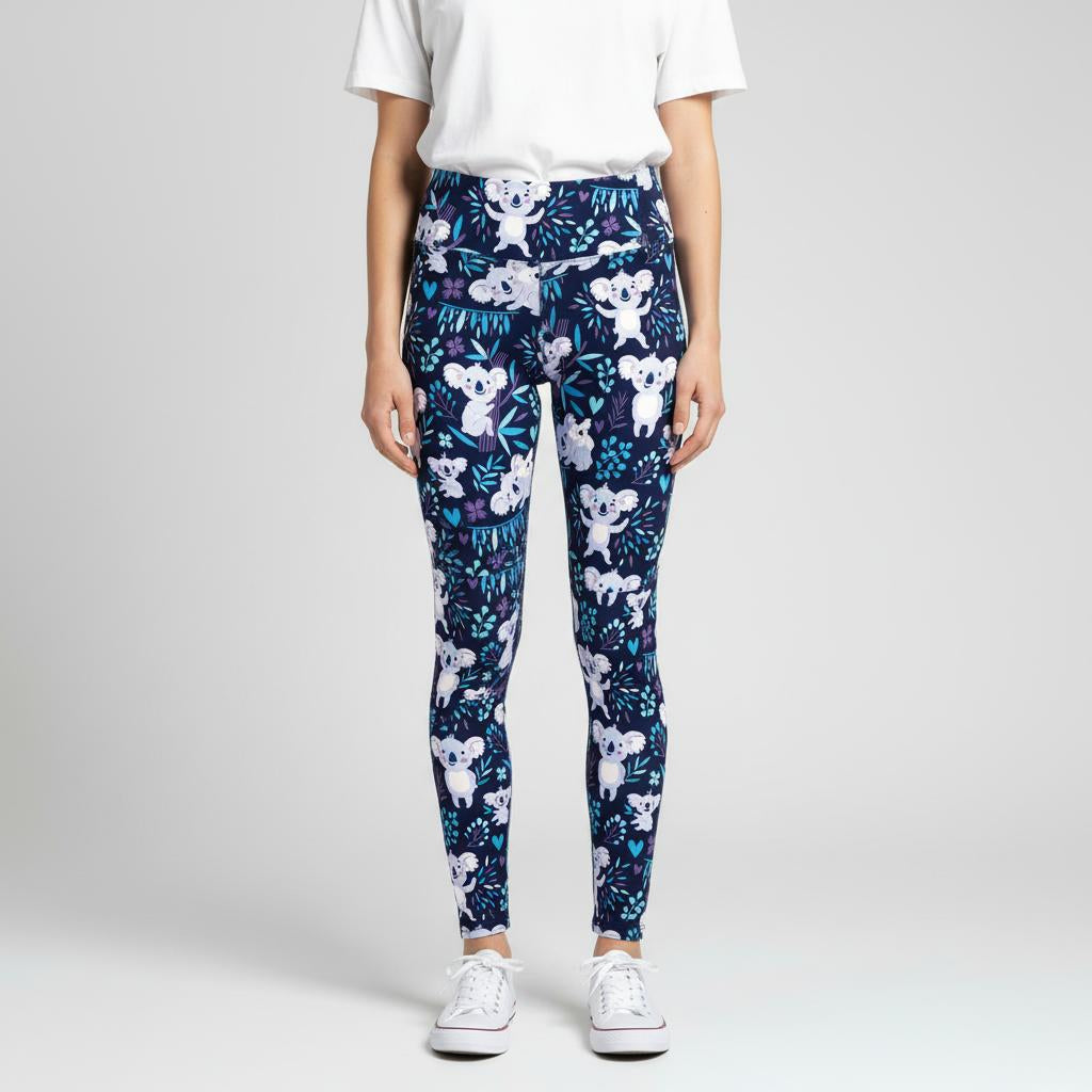 Person wearing navy blue leggings with white koala bear print on a light grey background