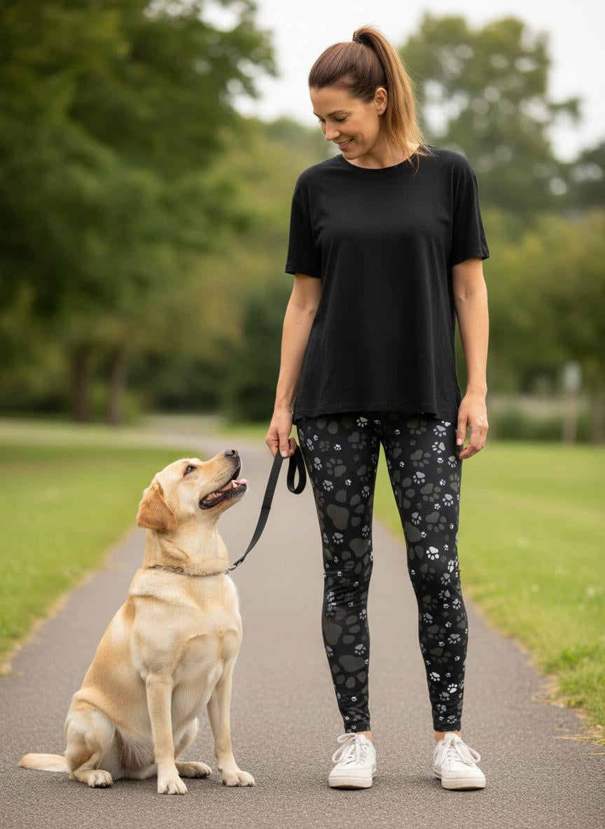 Woman walking a dog on a leash in a park in paw print leggings