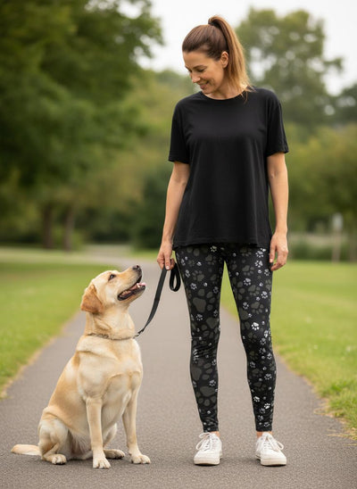 Woman walking a dog on a leash in a park in paw print leggings