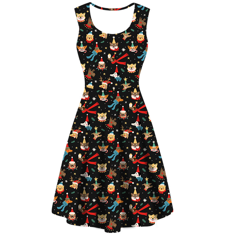 Christmas Canines Sleeveless Deluxe Pocket Dress