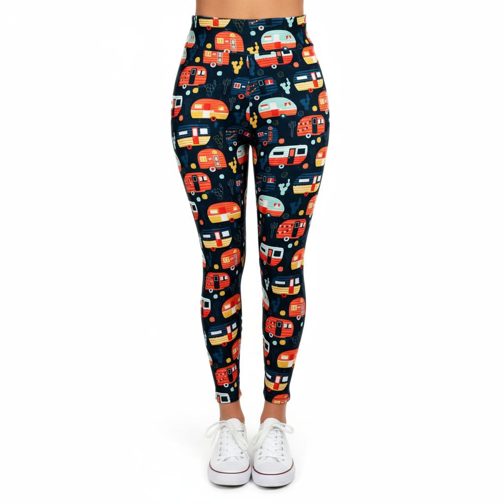 Leggings with a caravan pattern on a white background