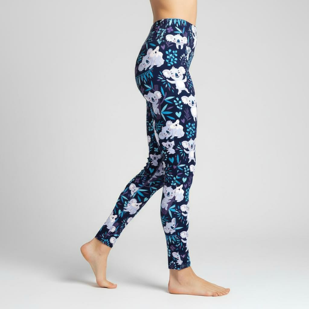 Navy leggings with koala and leaf pattern worn by a person on a light grey background